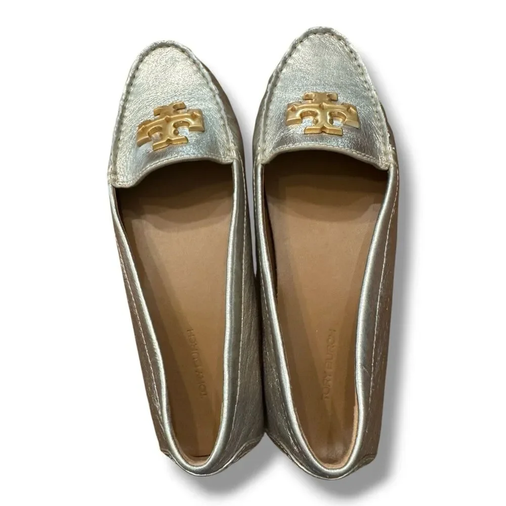 Tory Burch Everly Silver Metallic Leather Shoe Logo Luxury Slip On Women’s Sz 9